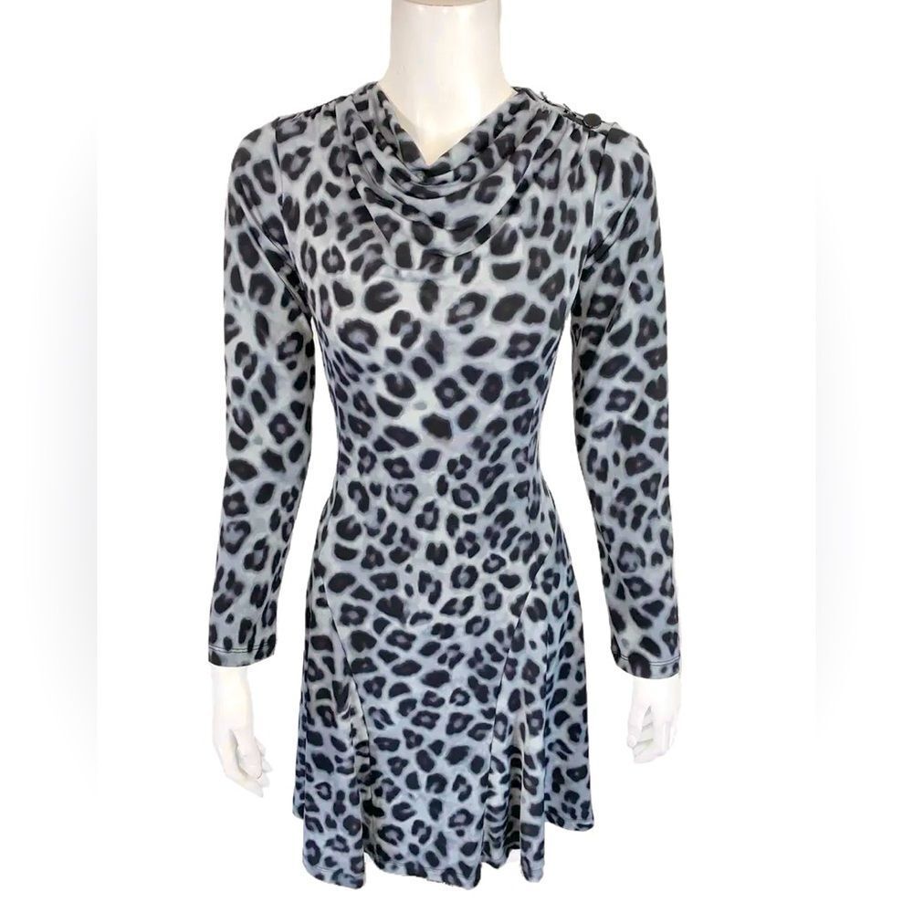 Susan Graver Leopard Printed Knit Drape Neck Dress Size SP Stretchy P to P 19”